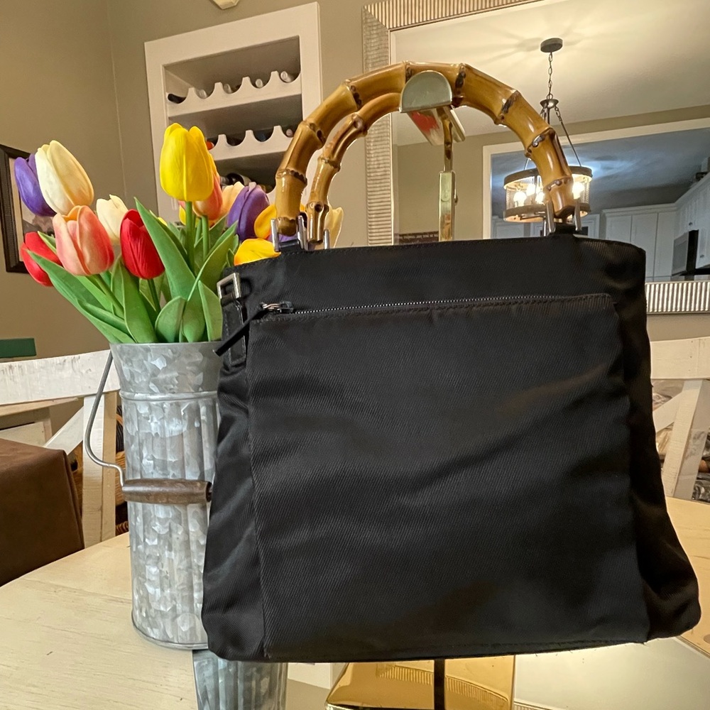 Gucci Black Canvas Bamboo Handled Handbag